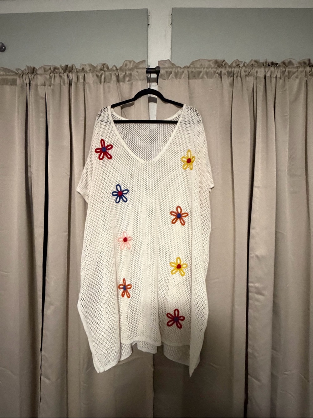 BloomChic White Knit Swim Coverup with Multicolor Floral Appliqués